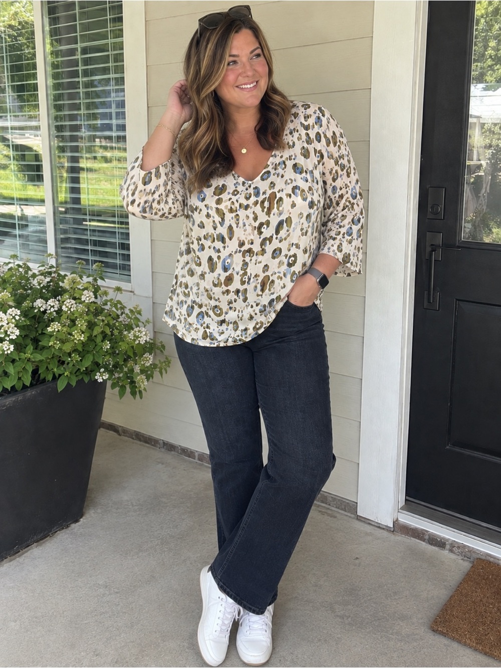 SIZE 2X Belle by Kim Gravel® NEW Triple Luxe Blue and Cream Animal Print Top